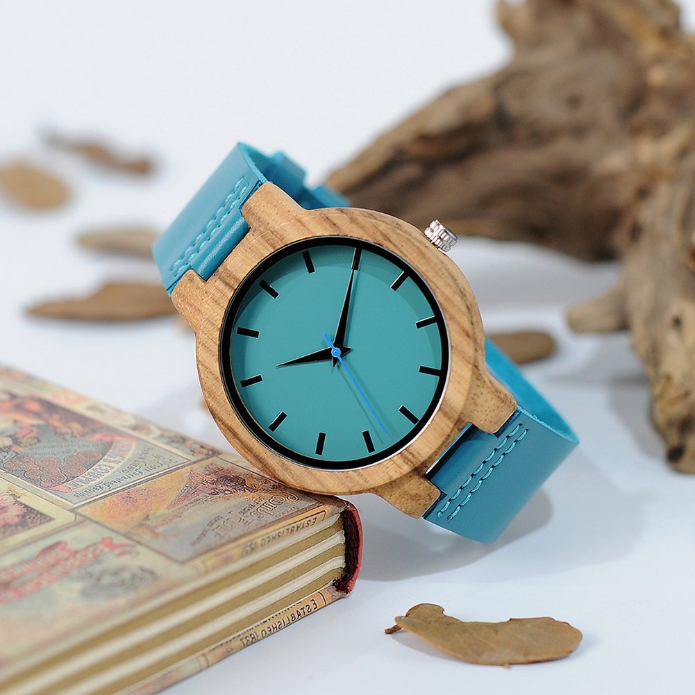BOBO BIRD Bamboo Wooden Watch for Men & Women - Blue Cowhide Leather Strap, Casual Fashion Timepiece with Gift Box | Perfect for Everyday Wear, Anniversary Gifts & Eco-Friendly Lifestyle