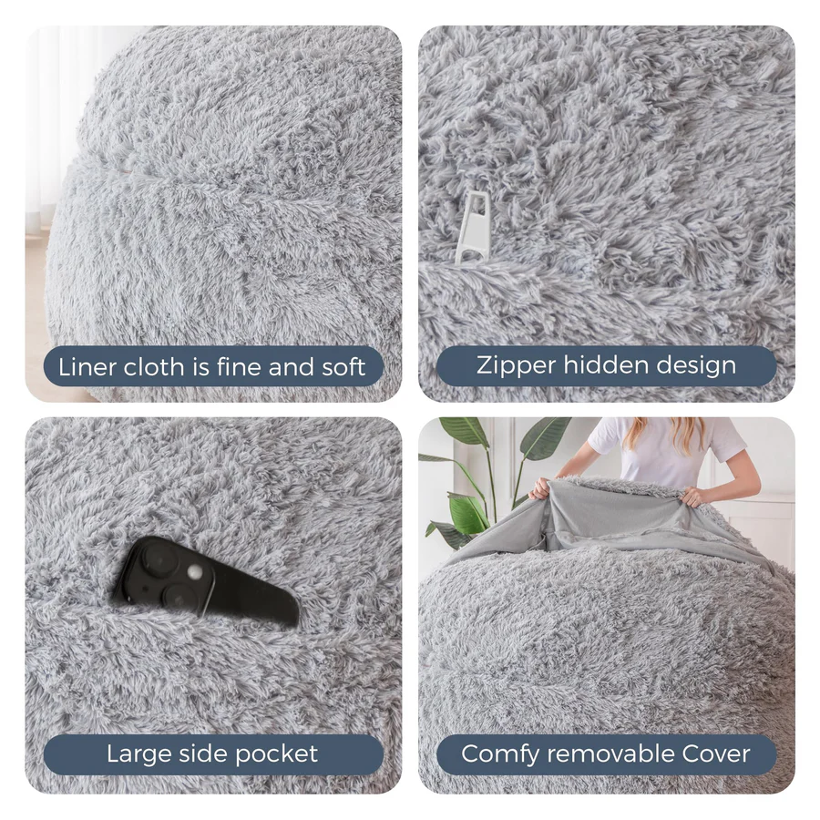 MAXYOYO Faux Fur Bean Bag Chair - Convertible Velvet Floor Bed with Removable Cover, Grey | Cozy Lounge Chair for Bedroom, Living Room & Game Room