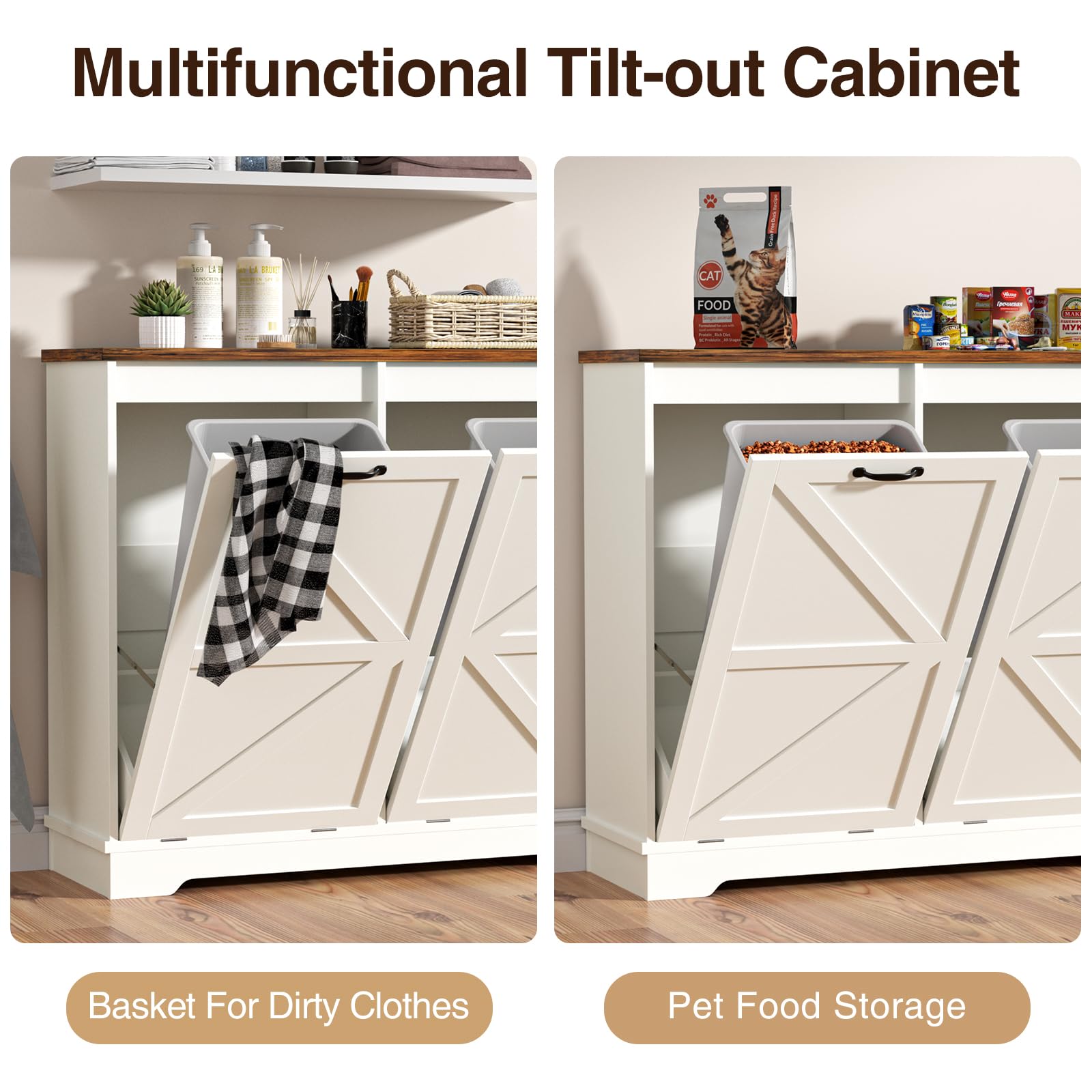 13 Gallon Double Tilt Out Trash Can Cabinet with Deodorizer - Farmhouse Style Hidden Garbage Bin Storage for Kitchen & Living Room - White Wooden Waste Bin Cabinet for Home Organization