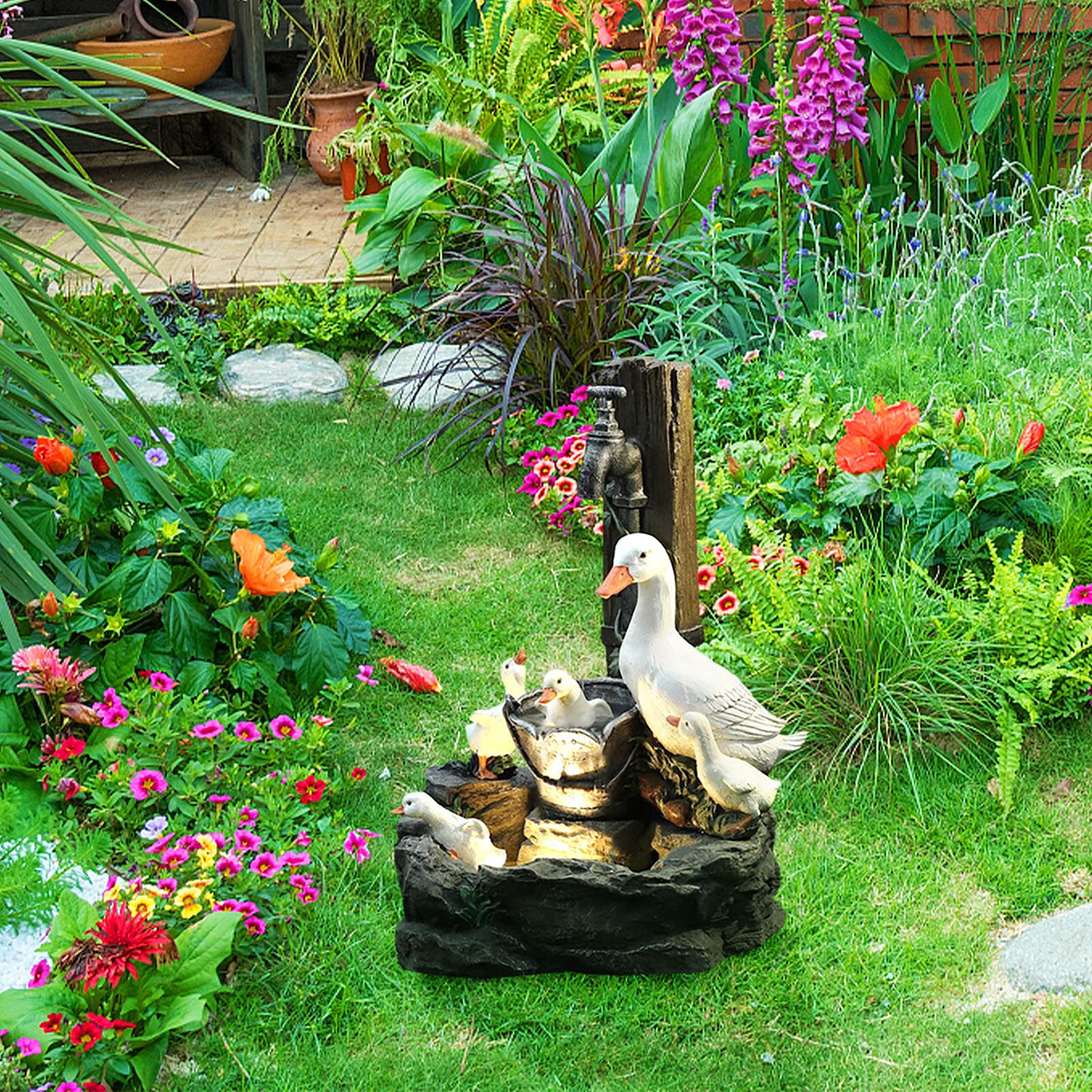 Rustic Outdoor Water Fountain - Resin Duck Garden Statue Decor for Patio, Yard & Landscape | Handmade Garden Ornament & Water Feature for Relaxing Outdoor Spaces