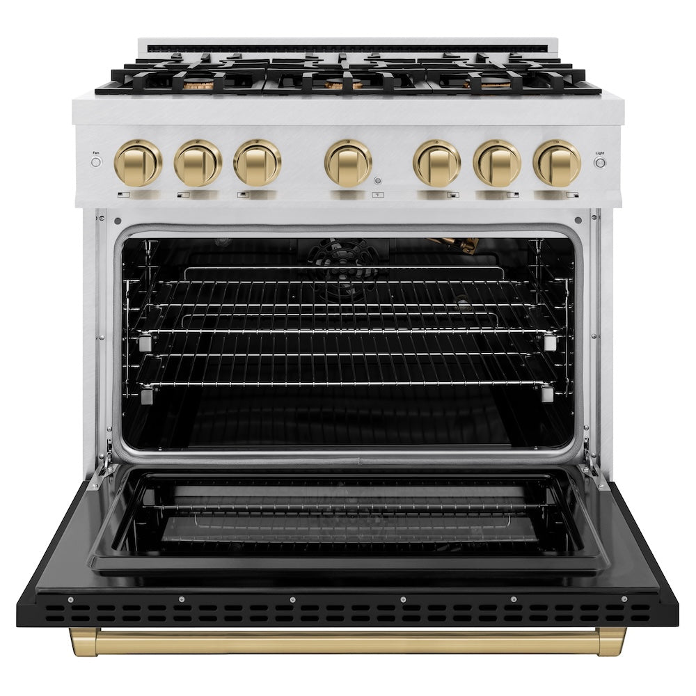ZLINE Autograph Edition 36 Inch 5.2 Cu Ft Gas Range - 6 Burner Cooktop & Convection Oven - Satin Stainless Steel with Black Matte Door & Champagne Bronze Accents (HGRSZ BLM 36 CB) - Perfect for Professional Home Chefs & Modern Kitchens