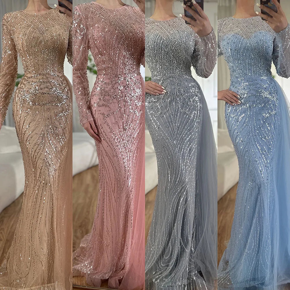 Luxury Dubai Caramel Beaded Mermaid Evening Gown with Overskirt - Arabic Formal Dress for Women - Elegant Long Prom Gown for Weddings, Galas & Special Occasions - LA71673A