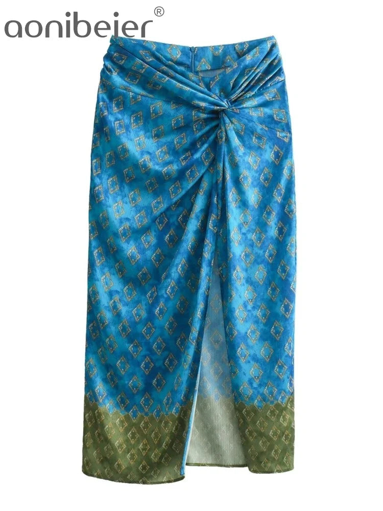 Aonibeier Women's High Waist Long Maxi Skirt - Thin Satin Printed Patchwork Summer Skirt with Front Slit & Zipper - Y2K Fashion Beachwear for Vacations, Parties & Boho Outfits