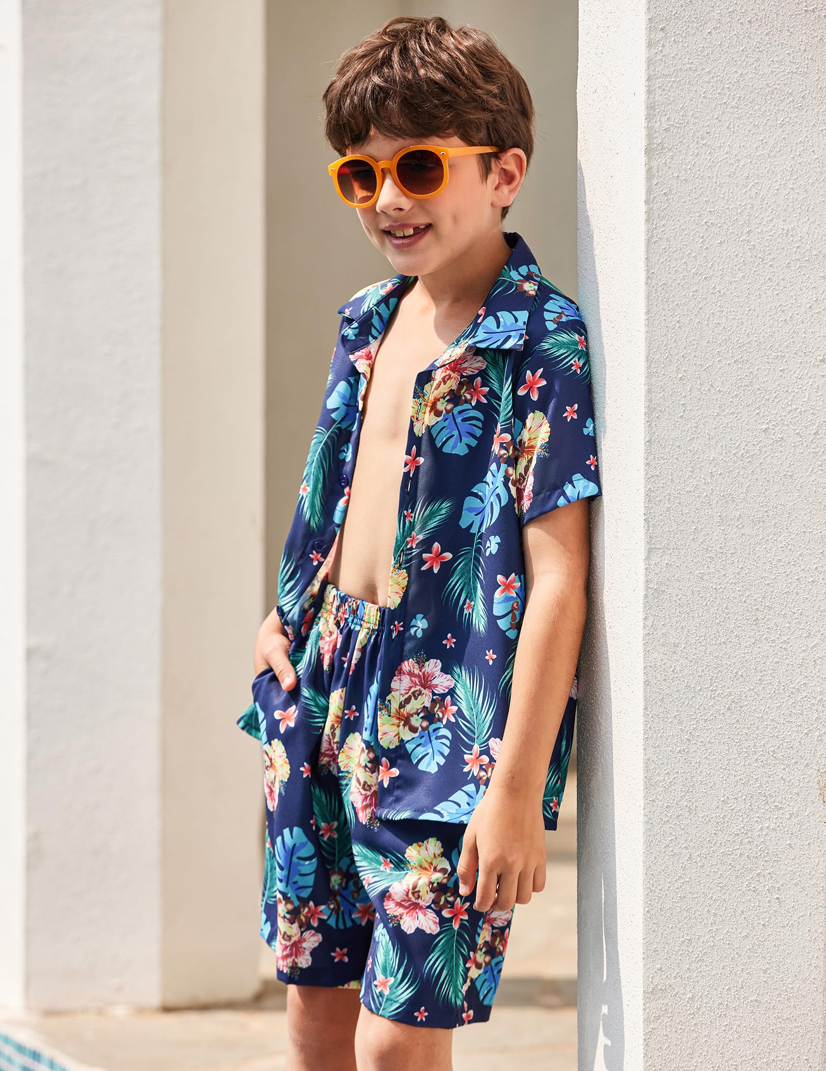 Arshiner Boys 2-Piece Hawaiian Outfit Set - Button Down Shirt & Shorts for Summer Beach Vacation | Tropical Casual Wear for Kids Ages 4-12 | Perfect for Pool Parties, Family Trips & Outdoor Adventures