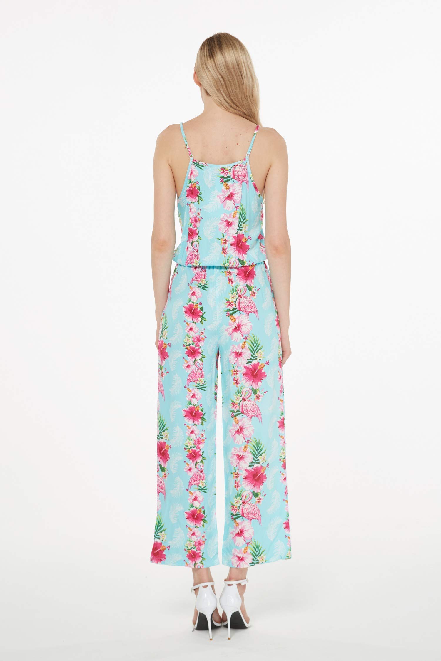 Women's Floral Print V-Neck Jumpsuit with Pockets | Hawaiian Style Strap Romper | Pink Hibiscus Vine Design | Perfect for Beach Vacation, Summer Outfits & Tropical Getaways