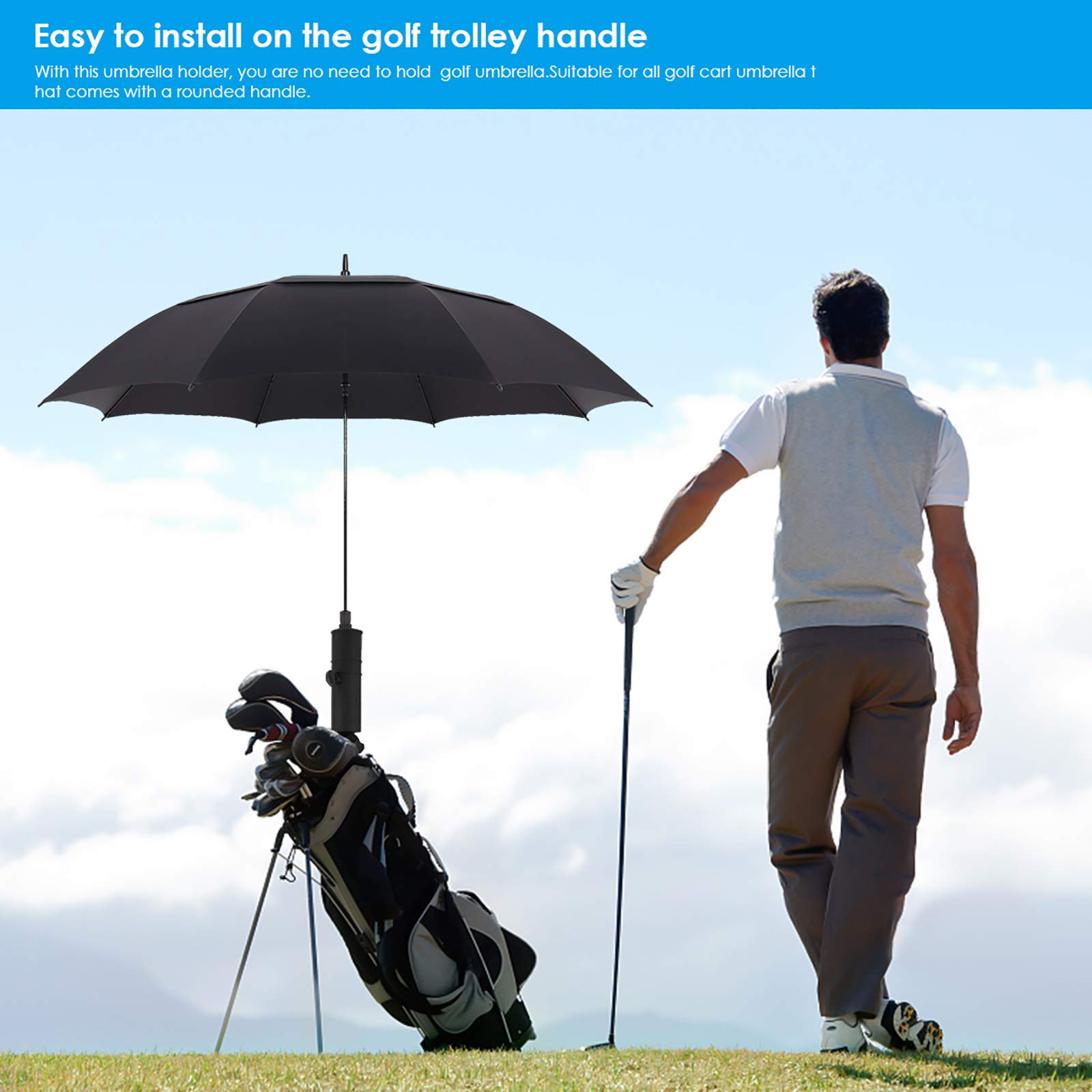 OhhGo Universal Golf Cart Umbrella Holder - Adjustable Black Golf Trolley Umbrella Stand for Golf Cart Handles | Perfect for Rainy Days & Sunny Golfing