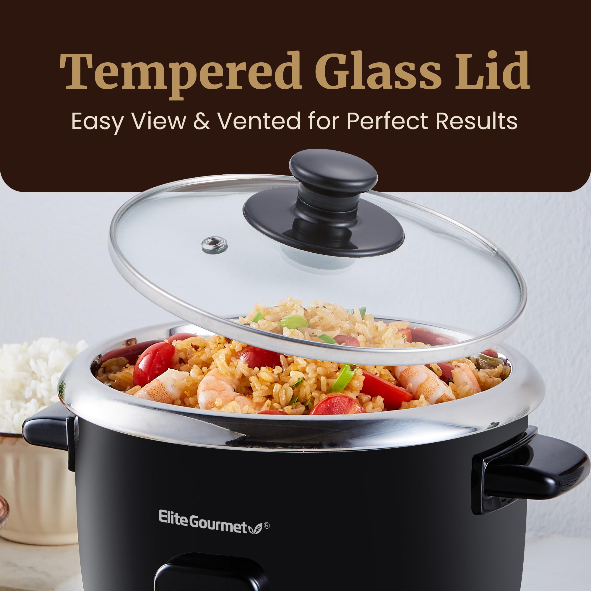 Elite Gourmet ERC006SS 6-Cup Electric Rice Cooker with 304 Stainless Steel Inner Pot - Cook Rice, Soup, Stew, Porridge & Grains - 6 Cup (3 Cup Uncooked) Capacity - Perfect for Small Kitchens, Dorms & Office Use - Black