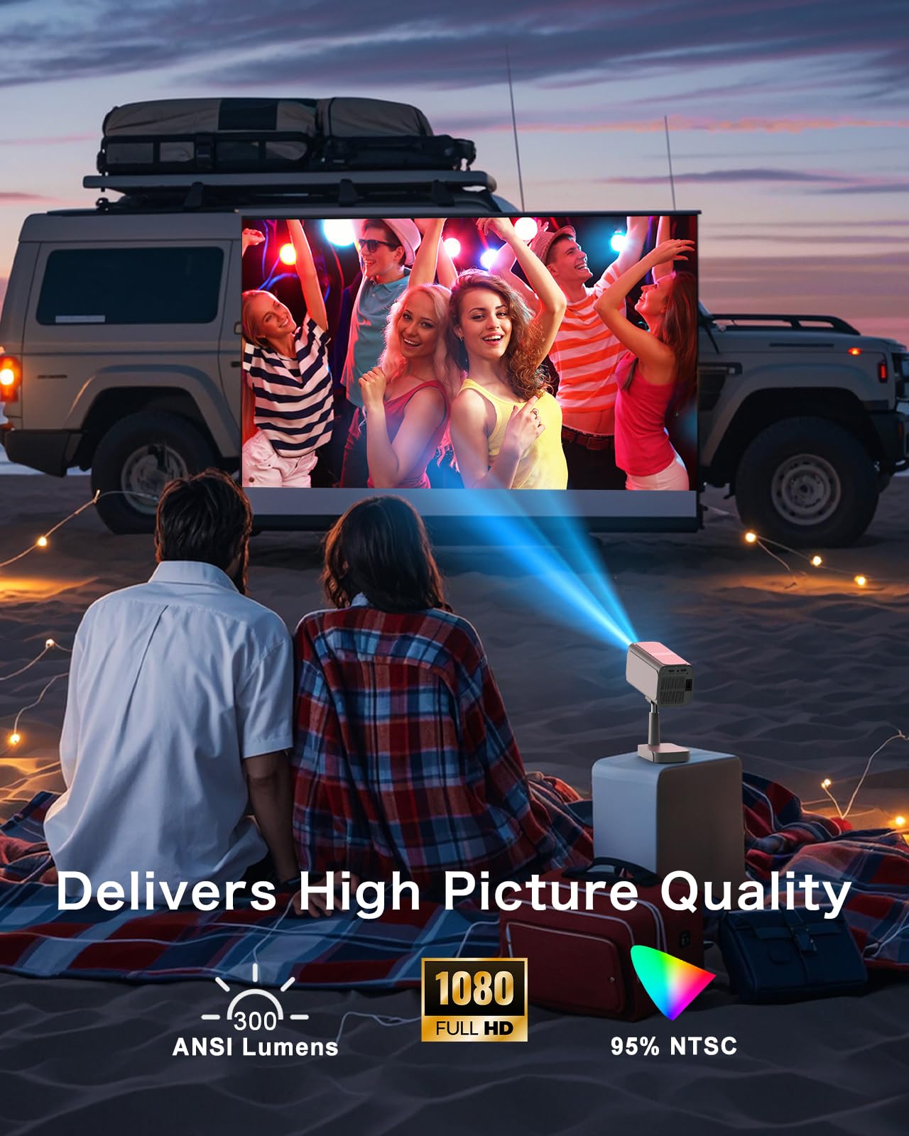 PANSEBA Smart WiFi Bluetooth Projector with Auto Keystone - 4K Supported Mini Projector with Telescopic Stand | Outdoor Movie Projector, Home Theater for Phone, Netflix-Licensed | Perfect for Backyard Movie Nights & Indoor Entertainment