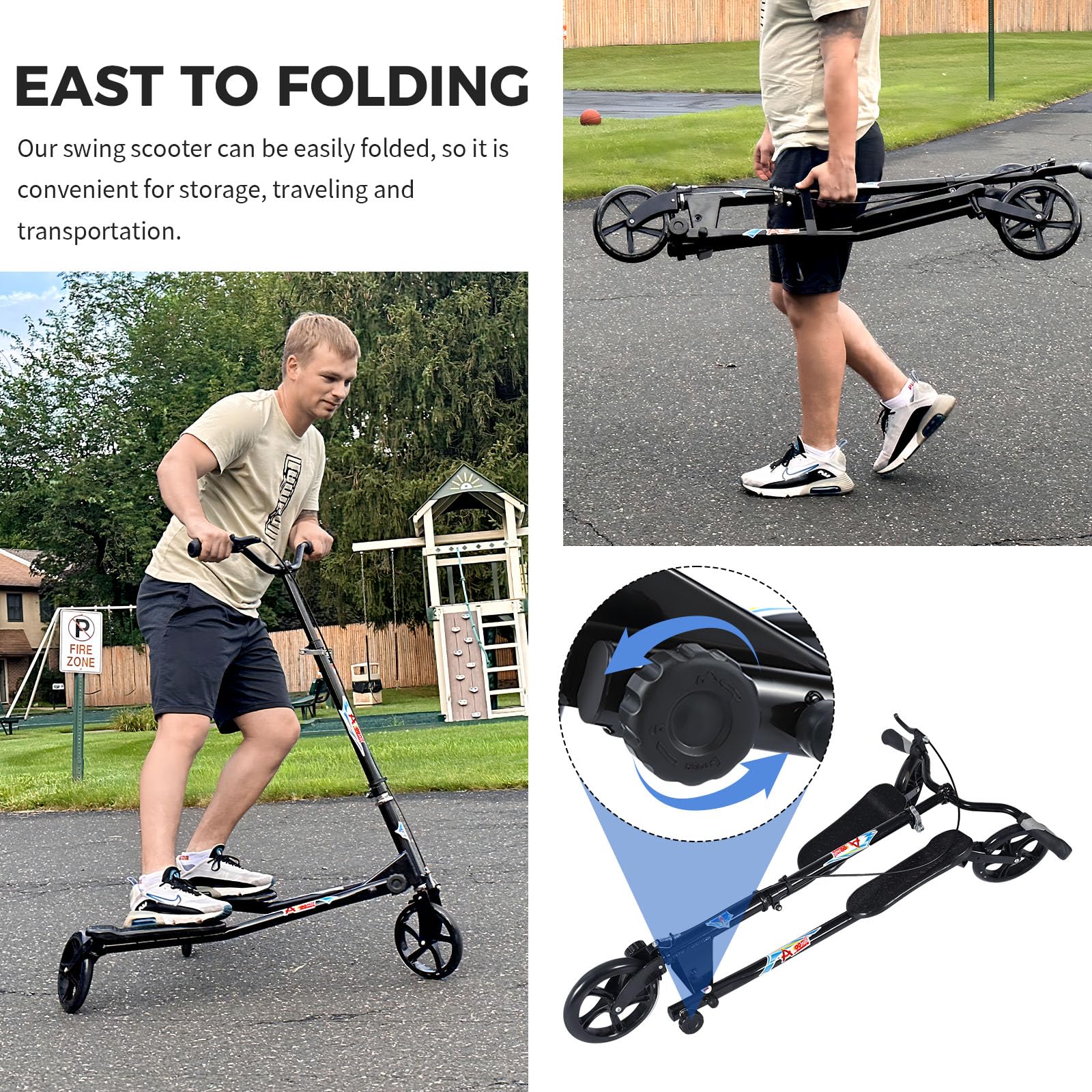 3-Wheel Foldable Swing Scooter Tri Slider Kick Wiggle Scooter with Adjustable Handle - Drifting Push Scooter for Kids, Girls, Boys & Adults Ages 8+ - Perfect for Outdoor Fun, Commuting & Playground Adventures