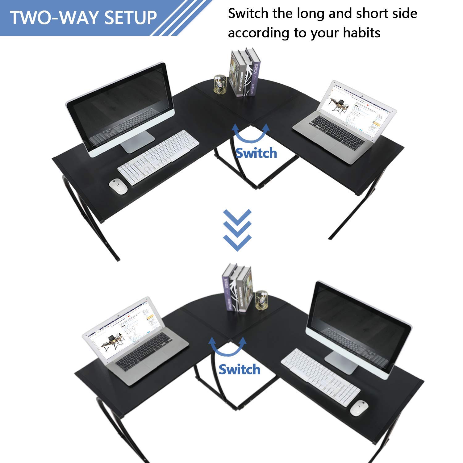 L-Shaped Desk Corner Computer Workstation - Ergonomic Home Office Desk for Laptop, Study & Writing - Space-Saving Black Design for Small Rooms & Apartments