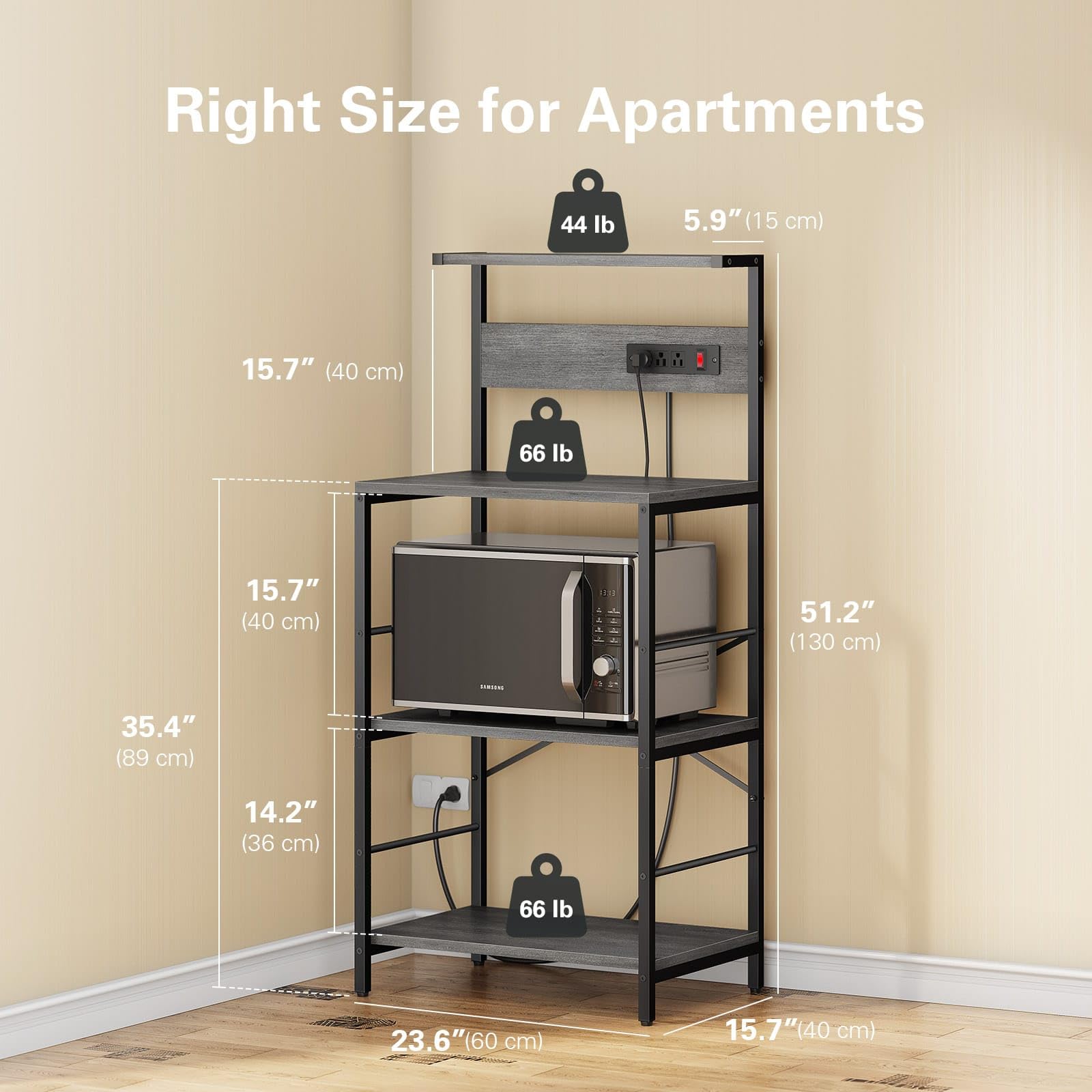 3-Tier Bakers Rack with Electrical Outlets - Freestanding Kitchen Storage Shelf for Microwave, Coffee Maker & Appliances - 23.6