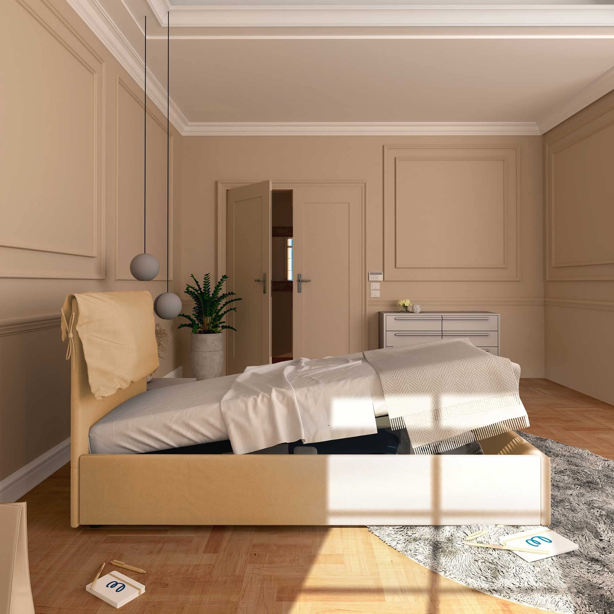Baldiflex Single Bed with Storage - Licia Soft Synthetic Leather Upholstery, Slatted Base for Single Mattress, 90 x 190 cm, Padded Headboard, Beige Color | Perfect for Small Spaces, Guest Rooms & Studio Apartments