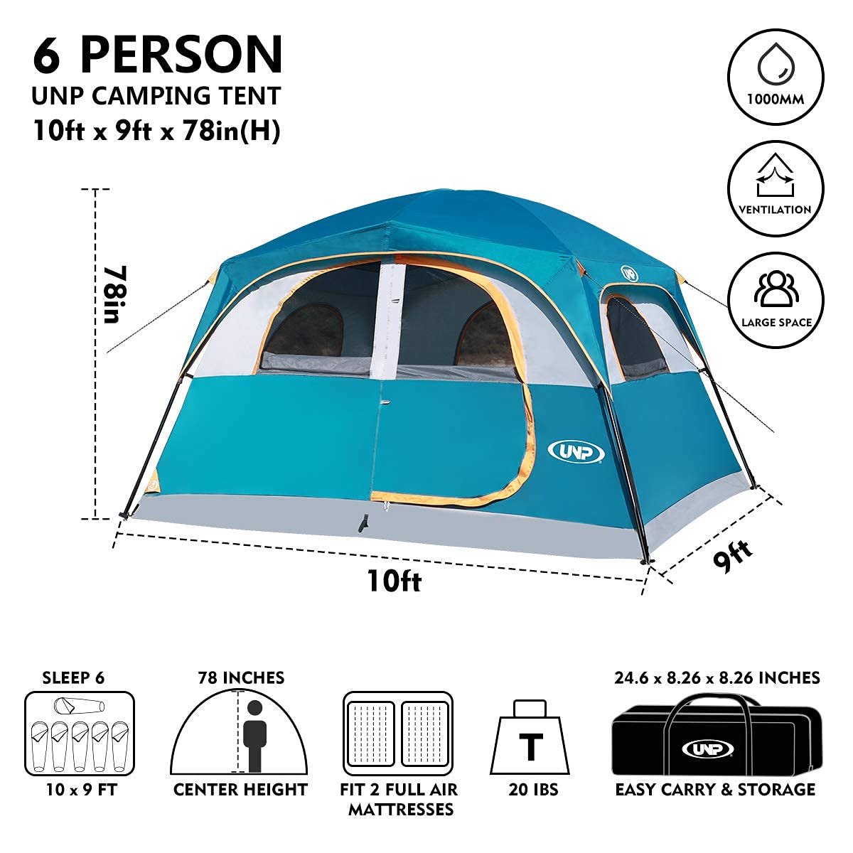 UNP 6-Person Waterproof Windproof Double Layer Family Camping Tent - Easy Setup, 1 Mesh Door & 5 Large Mesh Windows, 10'X9'X78in - Perfect for Backpacking, Hiking, and Outdoor Adventures