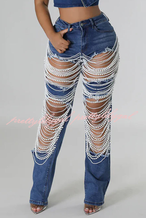 Fashionable Multi-Layered Pearl Chain Ripped Pocket Straight Leg Jeans for Women | Trendy High Waist Denim Pants for Casual Outfits & Streetwear