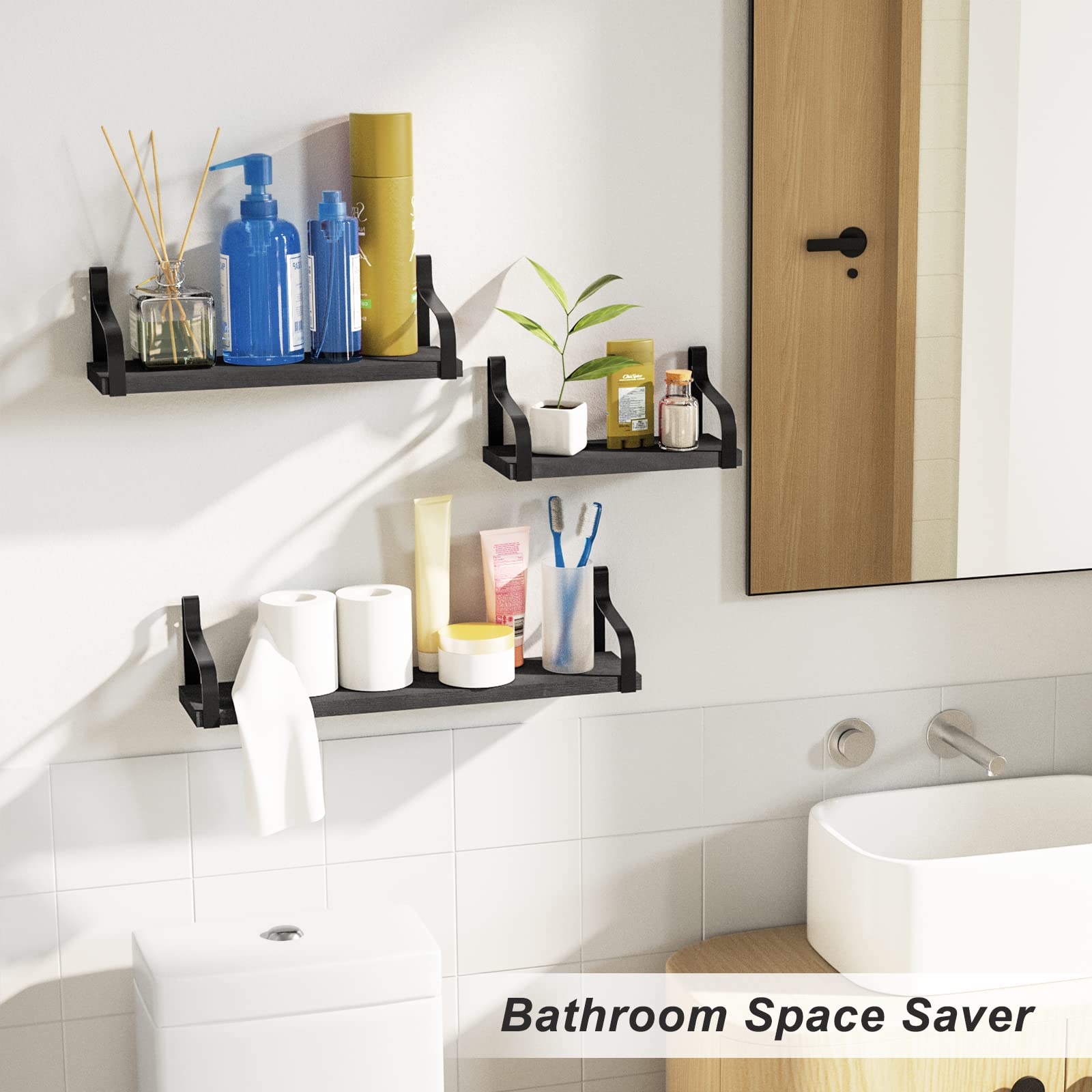 Love-KANKEI Floating Shelves Wall Mounted - Set of 2 Sturdy Wooden Shelves for Home Decor, Bathroom, Kitchen & Living Room Organization