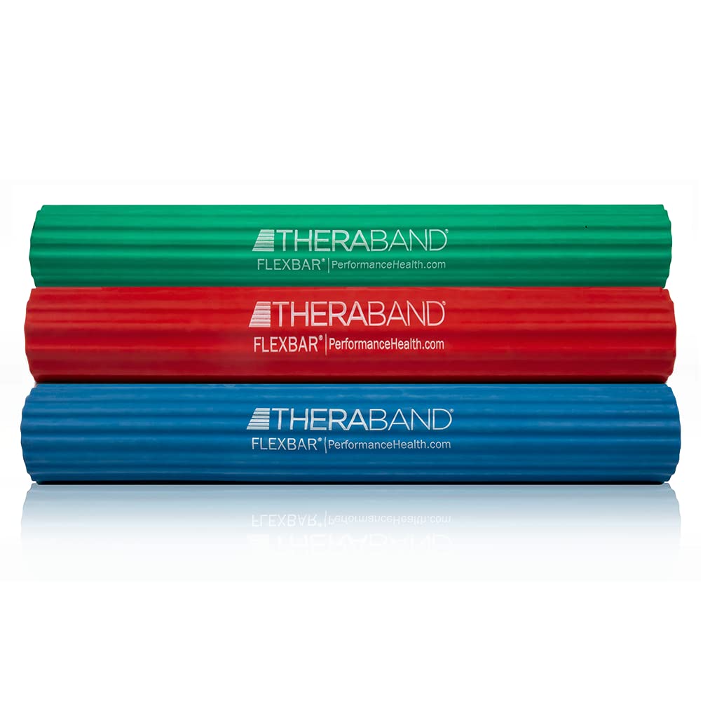 THERABAND FlexBar Resistance Bar for Tennis Elbow & Golfers Elbow - 3 Pack (Light/Medium/Heavy) with Red, Green, Blue Bars - Relieve Tendonitis Pain & Improve Grip Strength - Perfect for Physical Therapy, Rehabilitation & Sports Training