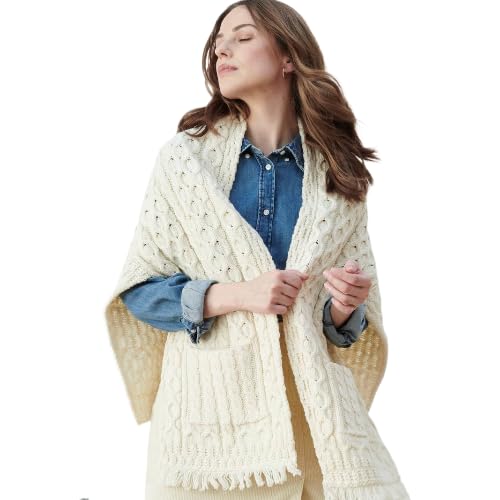 Traditional Irish Wool Shawl - Aran Stitch Pattern, One Size, Natural Beige - Perfect for Winter Warmth, Celtic Weddings & Cozy Home Decor