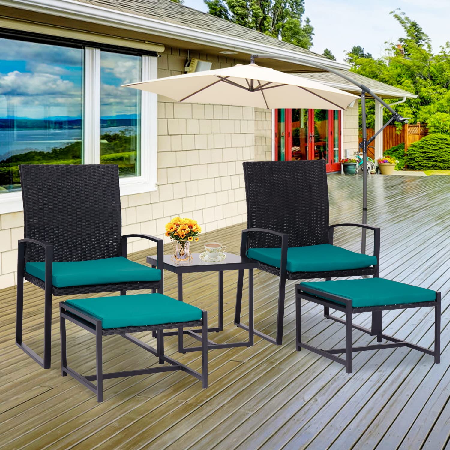 Kinbor Patio Furniture Set - Outdoor Rattan Chair & Ottoman for Balcony, Porch, Backyard, Deck & Poolside - Blue - Perfect for Relaxing, Sunbathing & Outdoor Entertaining