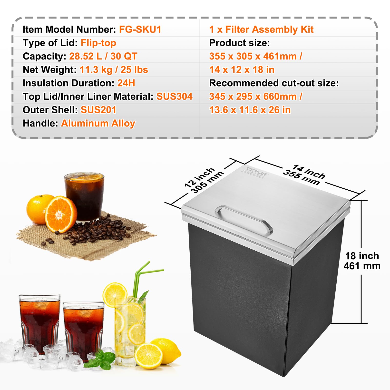 VEVOR 40 Quart Stainless Steel Drop-In Ice Chest Cooler - 14