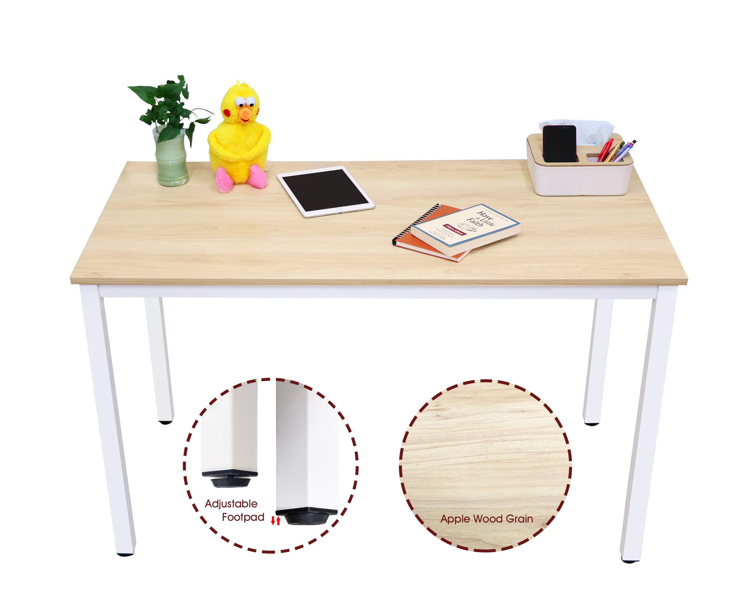 47 Inch Large Computer Desk with White Metal Frame & Apple Wood Grain Top - Modern Simple Style Home Office Desk for Bedroom, Study, Student Writing - Perfect for Small Spaces & Workspaces