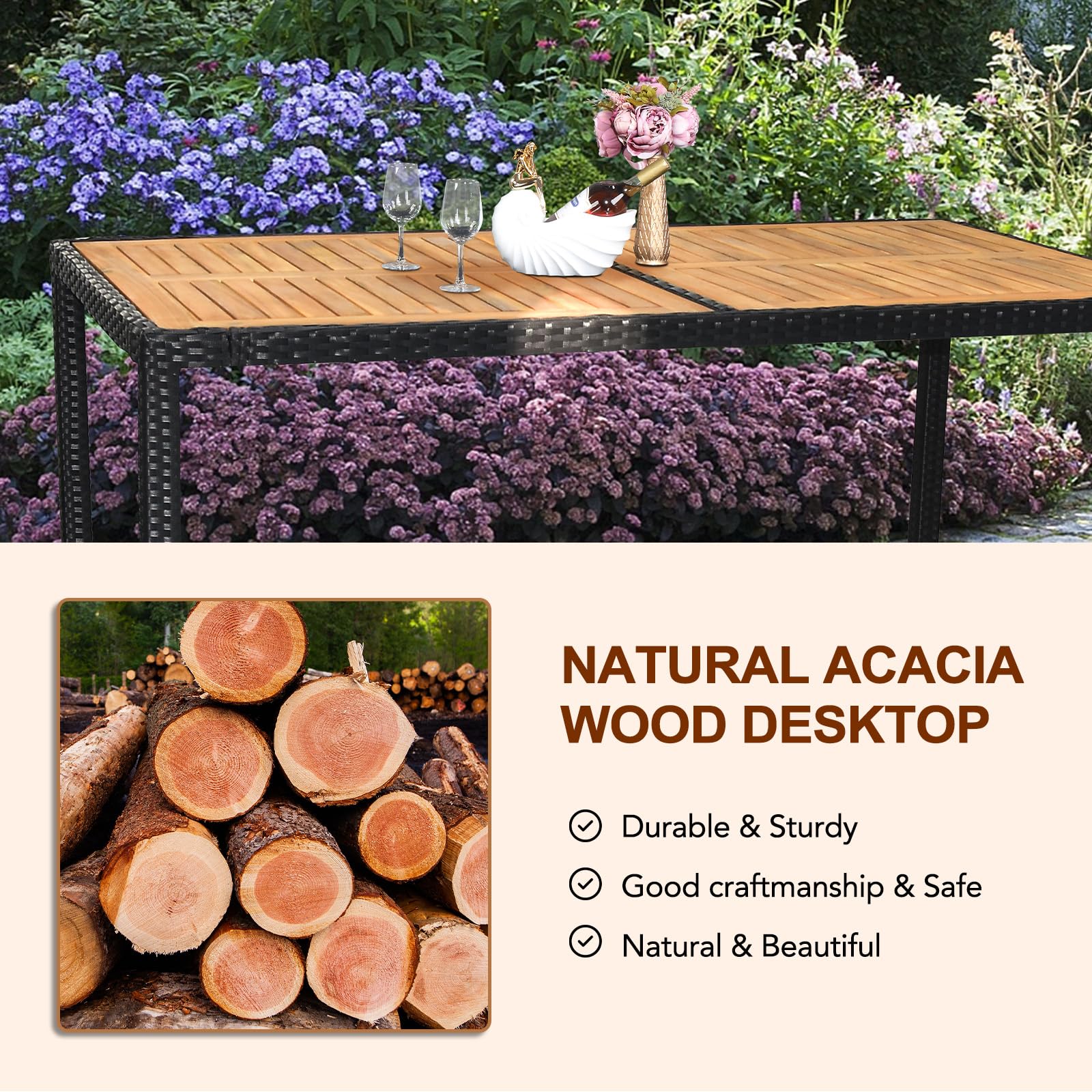 VINGLI 7-Piece Patio Dining Set - Outdoor Wicker Furniture with Acacia Wood Table & 6 Chairs for Garden, Yard, Backyard, and Poolside Entertaining