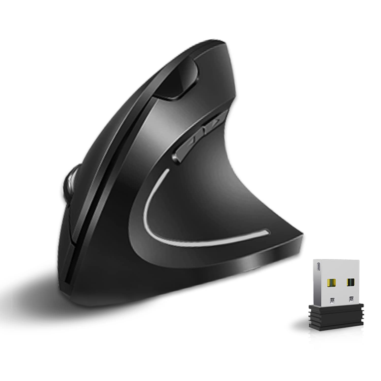 Vassink Ergonomic Wireless Mouse - Rechargeable Vertical Mouse with 2.4GHz USB Receiver, 6 Programmable Buttons, 800/1200/1600 DPI Adjustable for Laptop, PC, Computer - Black (Perfect for Office Work, Gaming & Long-Term Computer Use)