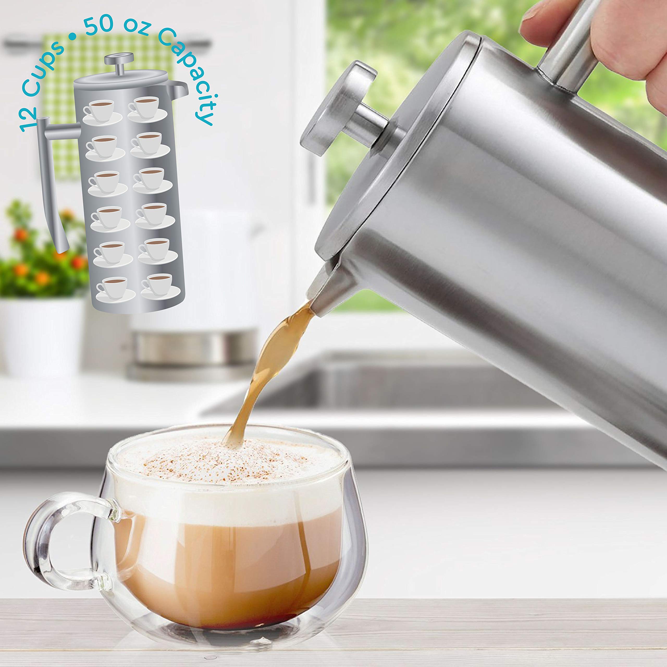 Belwares 50 Oz French Press Coffee Maker - Stainless Steel 304 Insulated Coffee Press with Double Wall & 4-Stage Filtration System (1.5L, Silver) - Perfect for Home, Office, Camping & Gifts