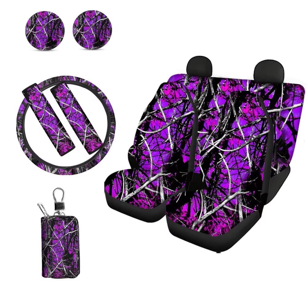 Jeiento Purple Camouflage Car Seat Covers - Universal Fit Full Set with Steering Wheel Cover, Seatbelt Strap Cover, Coasters & Key Chains | Durable Protection for Front & Rear Seats | Perfect for Off-Roading, Hunting & Outdoor Adventures
