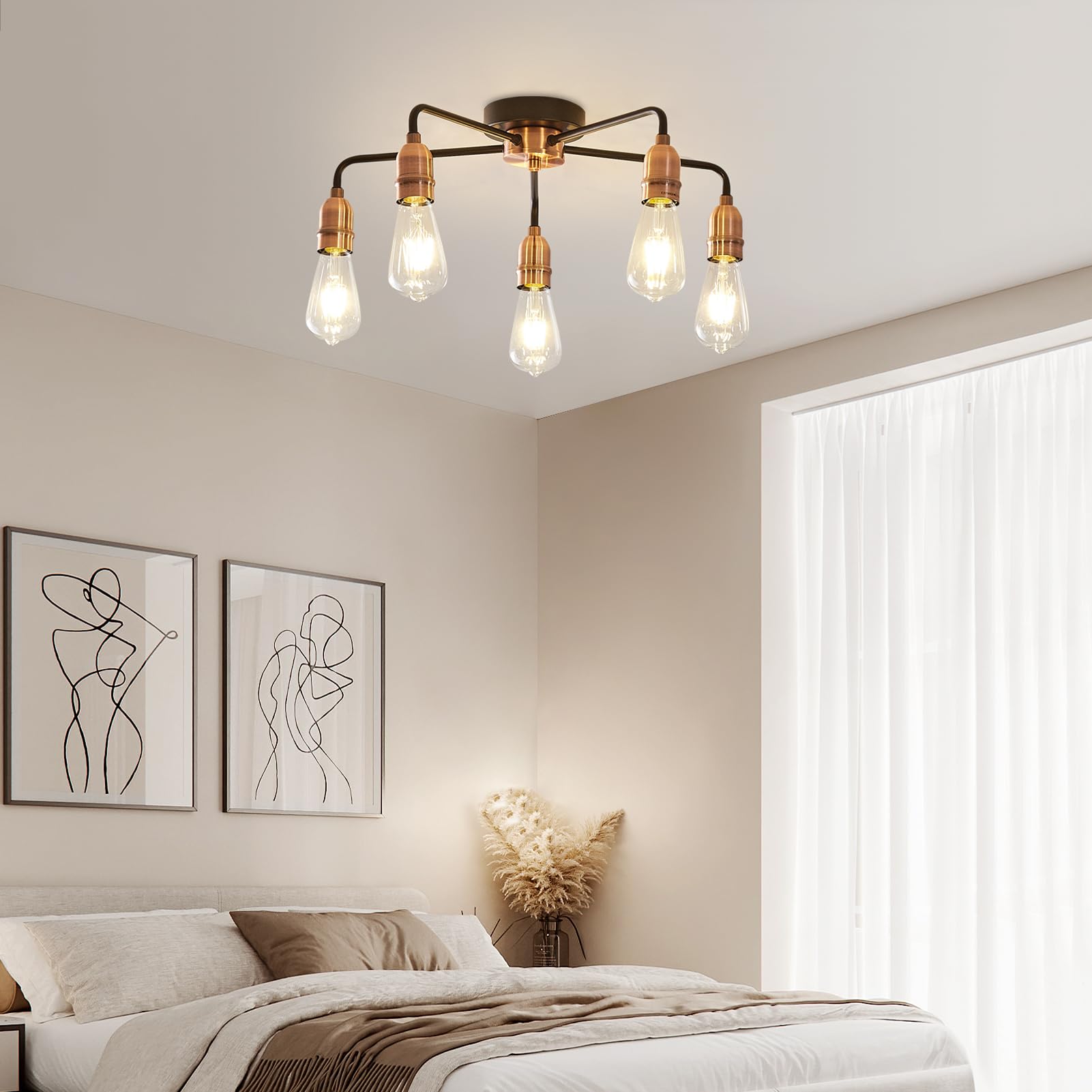 HARPER LIVING E27/ES Semi-Flush Ceiling Light Fixture - Black with Matte Silver Finish, LED Compatible for Energy Saving - Perfect for Living Room, Bedroom, Kitchen, Hallway, Hotel & B&B Lighting - 5-Light Modern Ceiling Lamp for Home & Commercial Spaces (Black & Copper)