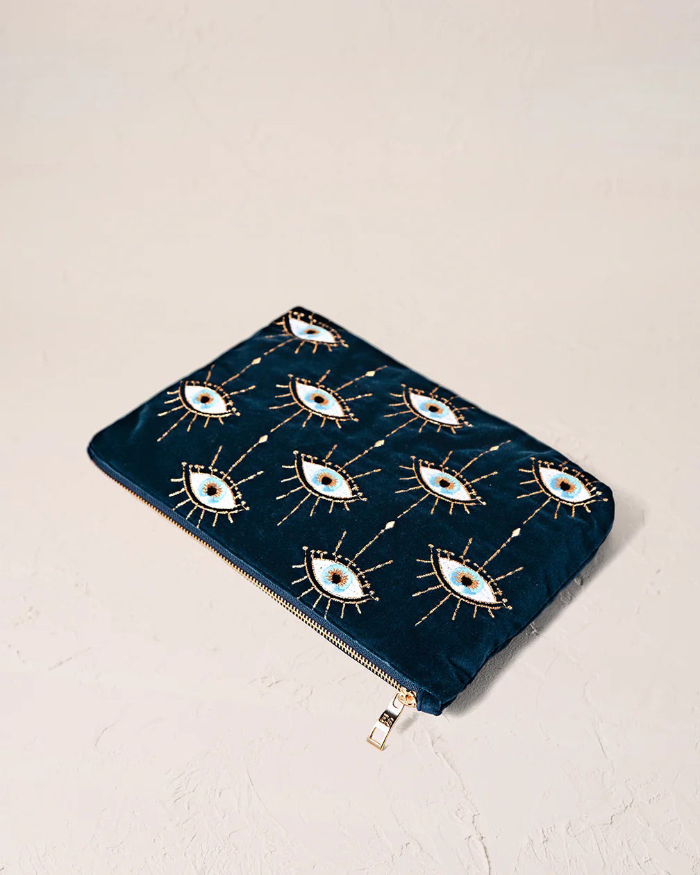 Elizabeth Scarlett Velvet Everyday Pouch - Ink Blue Mystical Eye Design | Small Makeup Bag, Travel Organizer & Jewelry Case | Perfect for Cosmetics, Accessories & On-the-Go Essentials
