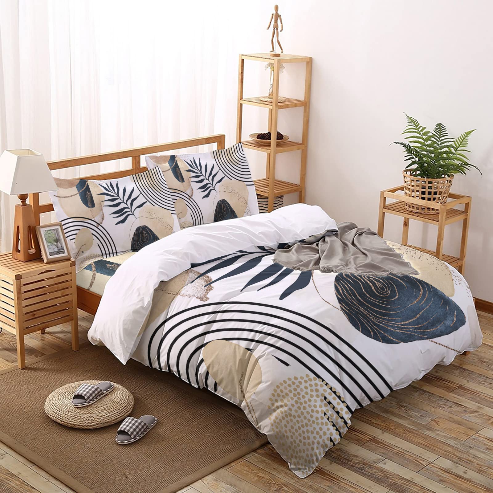 Boho Tropical Leaves Queen Bedding Set - 4 Piece Soft Comforter Set with Duvet Cover, Fitted Sheet & Pillowcases | Khaki Brown Abstract Plant Design | All Season Bed Sheets for Cozy Home Decor & Guest Room Styling