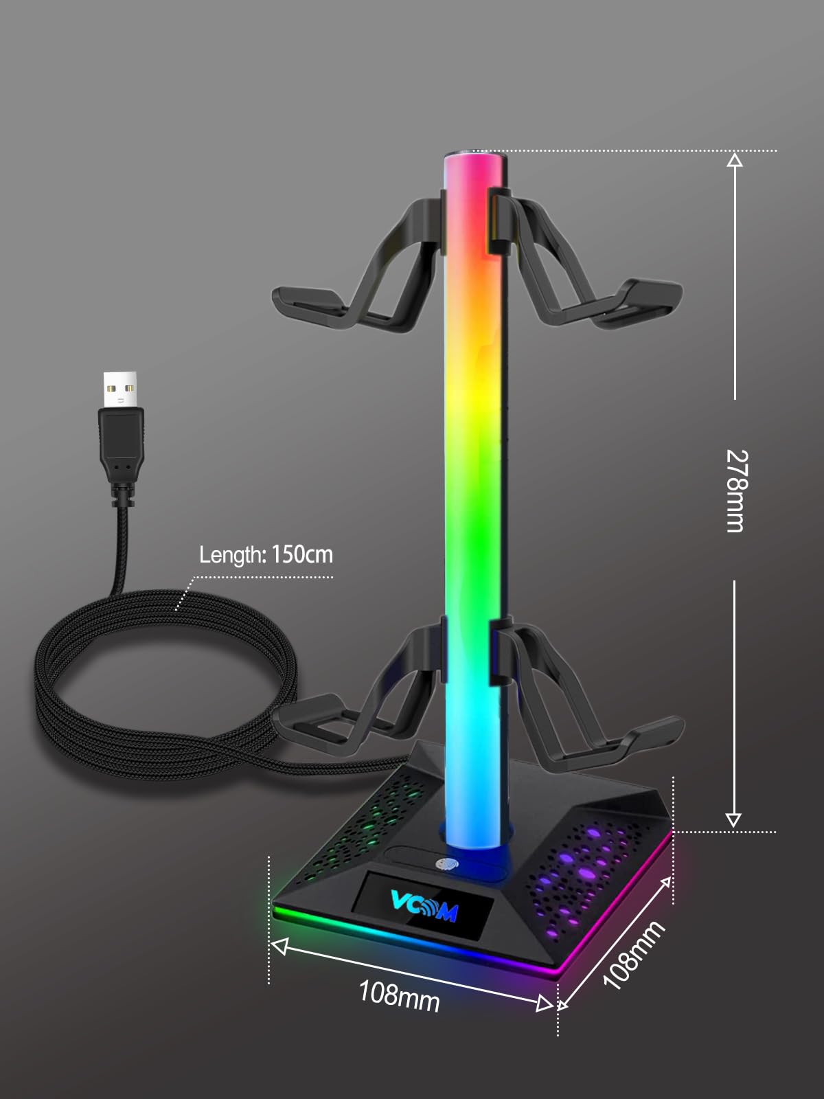 RGB Gaming Headphones Stand with 2 USB Ports & 10 Light Modes - Non-Slip Rubber Base for All Headsets - Perfect Gaming Desk Accessory for Gamers, Kids, Boyfriend - Ideal Gift for Husband & Gaming Enthusiasts