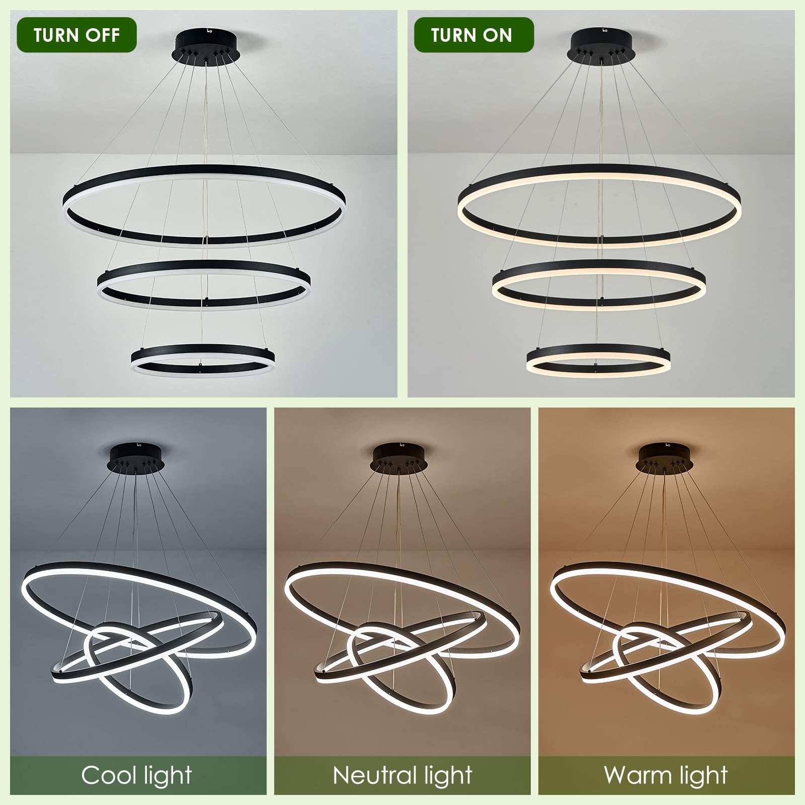 Modern 3-Ring LED Chandelier - Black Dimmable Pendant Light with Remote Control, Circular Flush Mount Ceiling Fixture (3000K-6500K Adjustable, 71cm Height) for Dining Room, Living Room, Bedroom & Entryway - Perfect for Contemporary Home Decor and Ambient Lighting