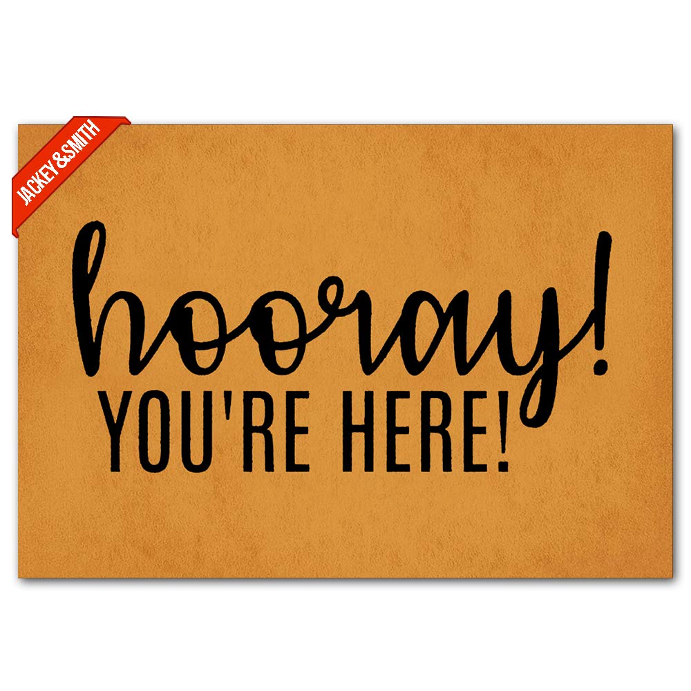 Jackey&Smith Welcome Mat - Non-Slip Hooray You're Here Doormat for Front Door, Entryway & Outdoor Use | 23.6x15.7 Inch Felt Fabric Floor Mat - Perfect for Home, Apartment, Porch & Balcony Decor