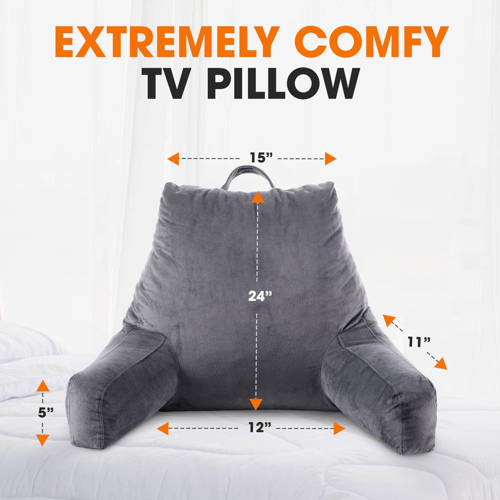 Cheer Collection Reading Pillow with Arms - Large Gray Foam-Filled Backrest Pillow for Sitting Comfort on Bed & Couch, Portable Support for Reading, Watching TV & Relaxing - Machine Washable