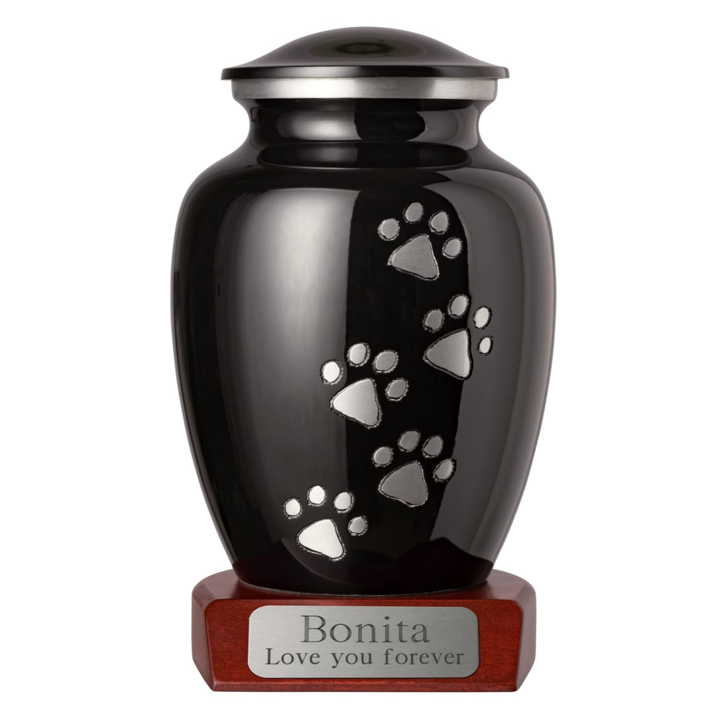 Ottillie Paws Tribute Series Large Pet Urn for Dogs and Cats - Ebony Finish, Vertical Pewter Paws, Walnut Base, Silver/Black Plate - Perfect for Memorial Keepsakes and Home Display