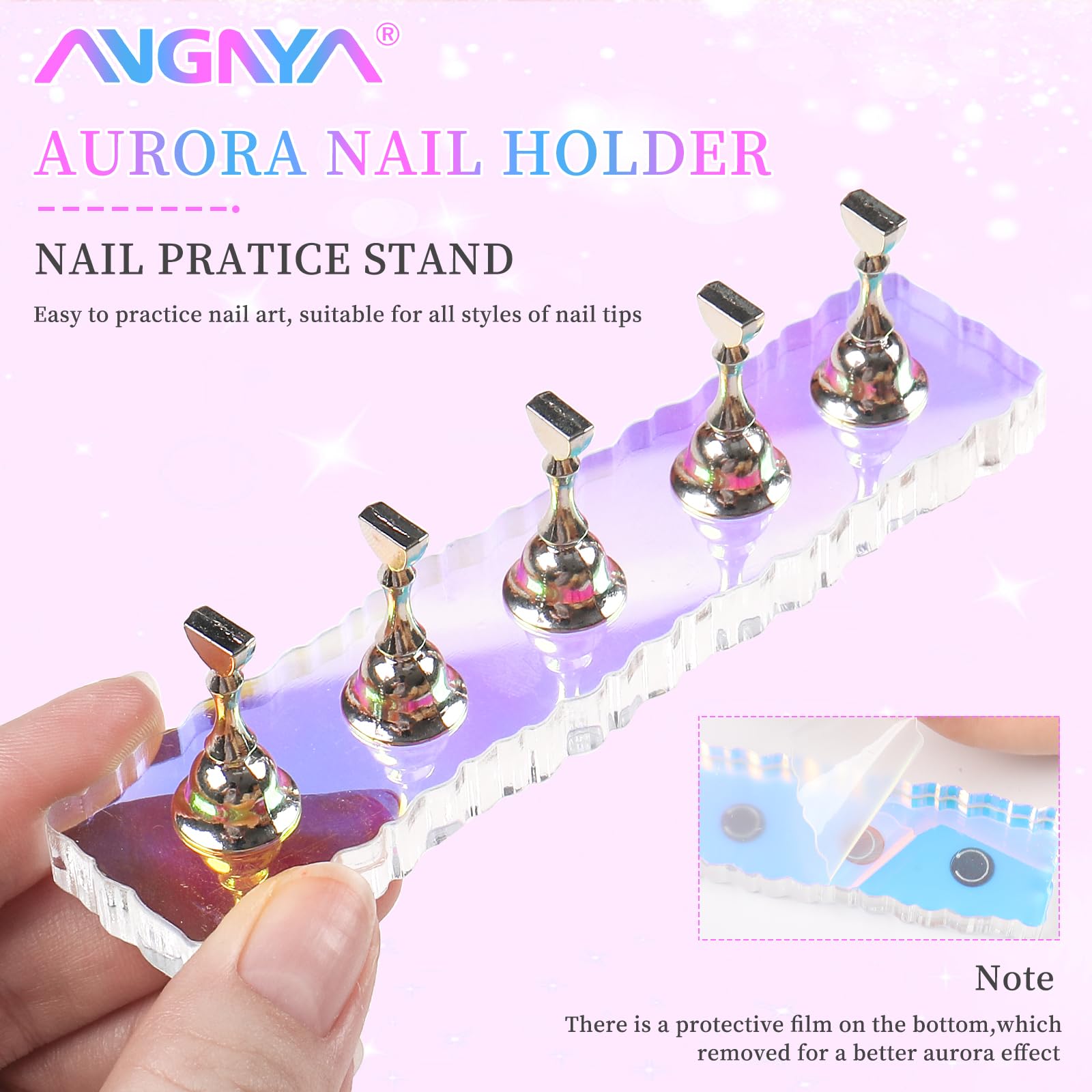 ANGNYA 2 Pack Magnetic Nail Stand Set with 96 Pcs Reusable Sticky Putty - Aurora Nail Holder for Press On & Hand Practice - Perfect for Nail Art, Home Salon & Professional Use