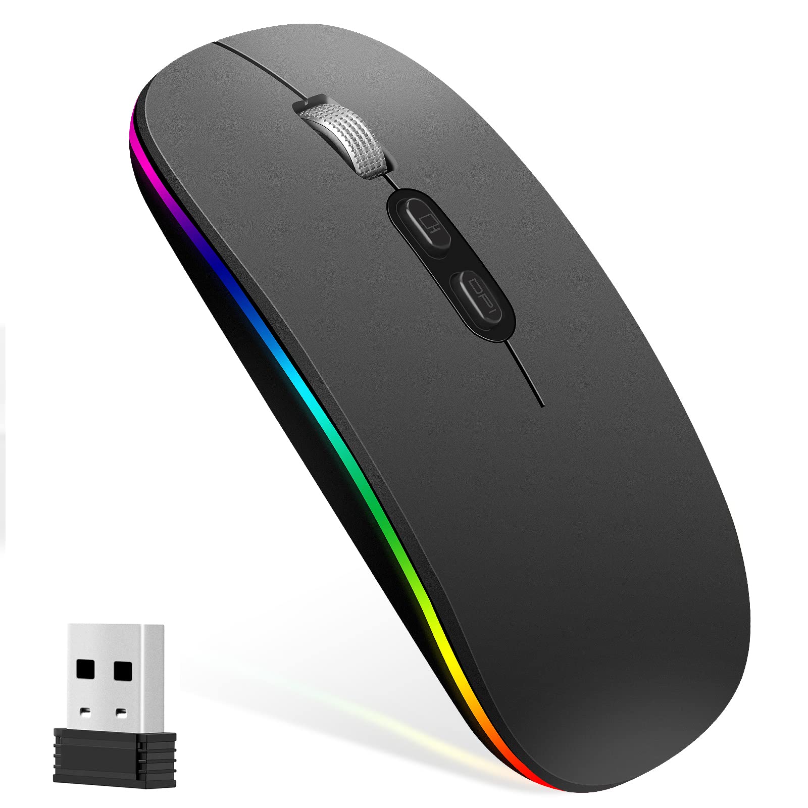Rechargeable Wireless LED Mouse - Slim Silent 2.4G Optical Mouse with Adjustable DPI for Laptop, PC, Desktop Computer | Portable Ergonomic Design for Office, Gaming & Travel (Grey)