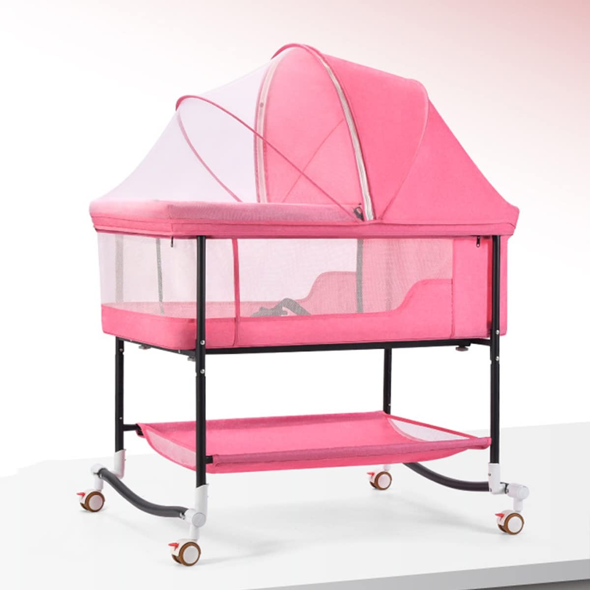 GENYS Adjustable Height Bedside Crib & Co-Sleeper with Wheels - Portable Baby Bassinet for Newborns 0-24 Months - Nursery Bed with Mosquito Net & Rocking Function (Pink) - Perfect for Safe Co-Sleeping, Nighttime Feeding & Nursery Room Decor