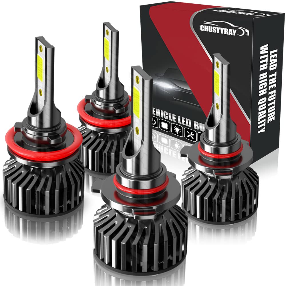 CHUSYYRAY 9005 H11 LED Headlight Bulbs Combo Kit - 6000K Super White +300% Brightness, IP67 Waterproof, Plug & Play - Perfect for Night Driving, Off-Roading & Foggy Conditions (Pack of 4)