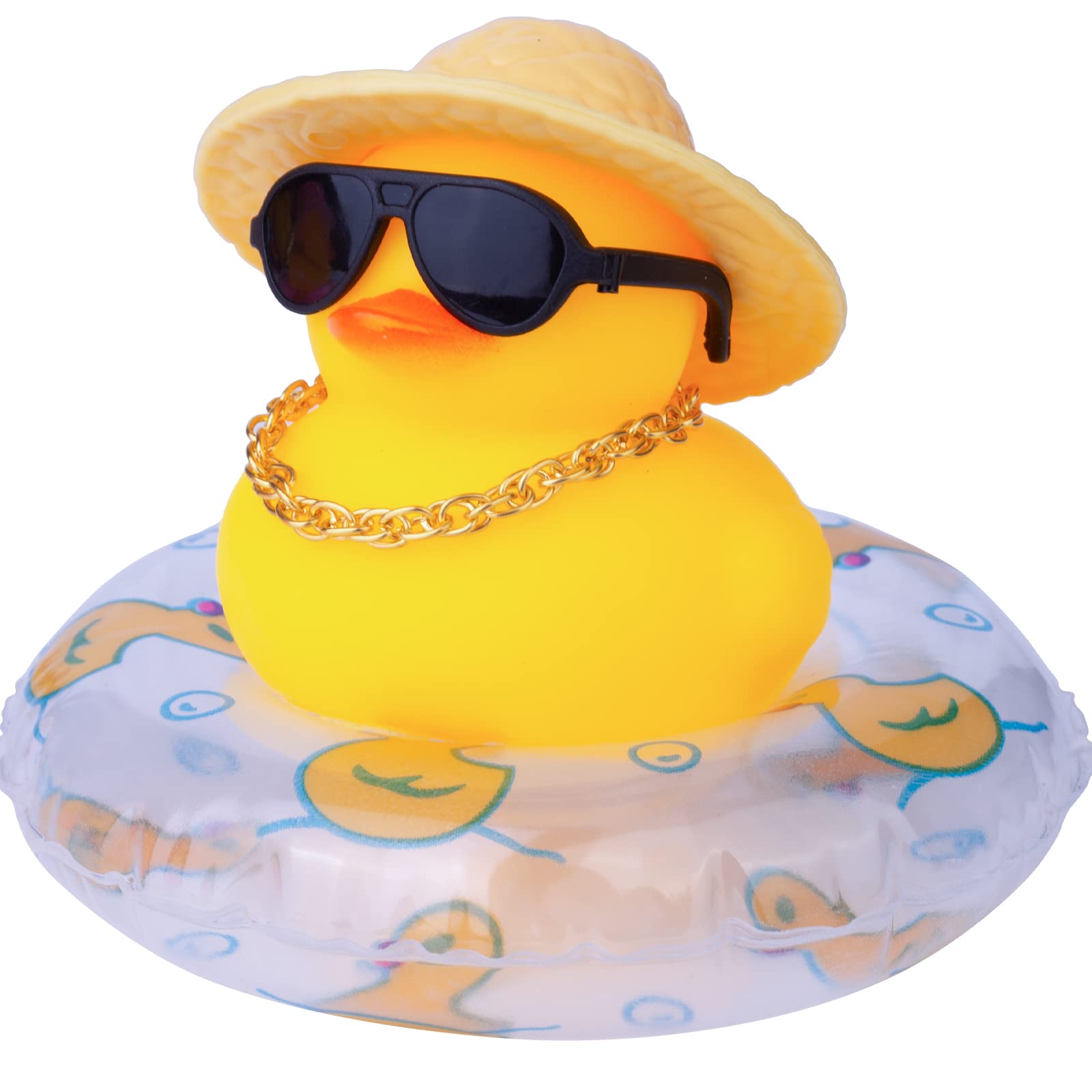 Funny Rubber Duck Car Dashboard Decorations - Cute Duck Ornaments with Mini Swim Ring, Sun Hat, Necklace & Sunglasses - Perfect for Car Accessories, Gifts, and Dashboard Decor