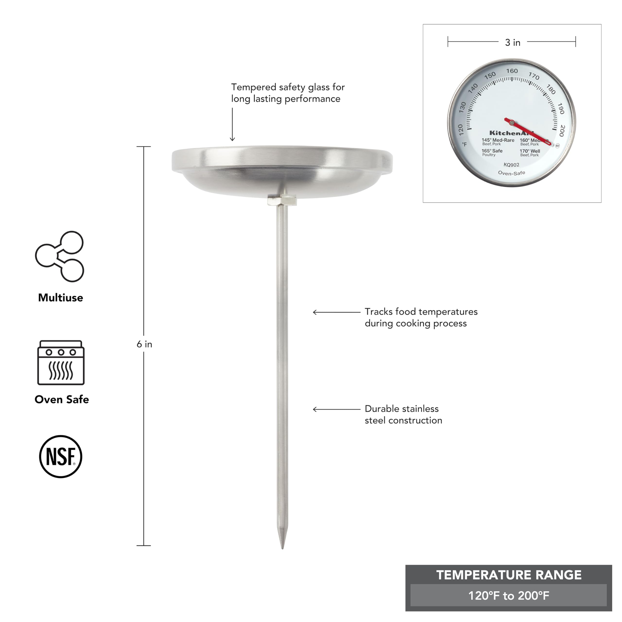 KitchenAid KQ902 Stainless Steel Analog Meat Thermometer for Oven & Grill - 120°F to 200°F Temperature Range | Perfect for Roasting, Grilling & Baking | Leave-in Cooking Thermometer for Turkey, Beef & Chicken