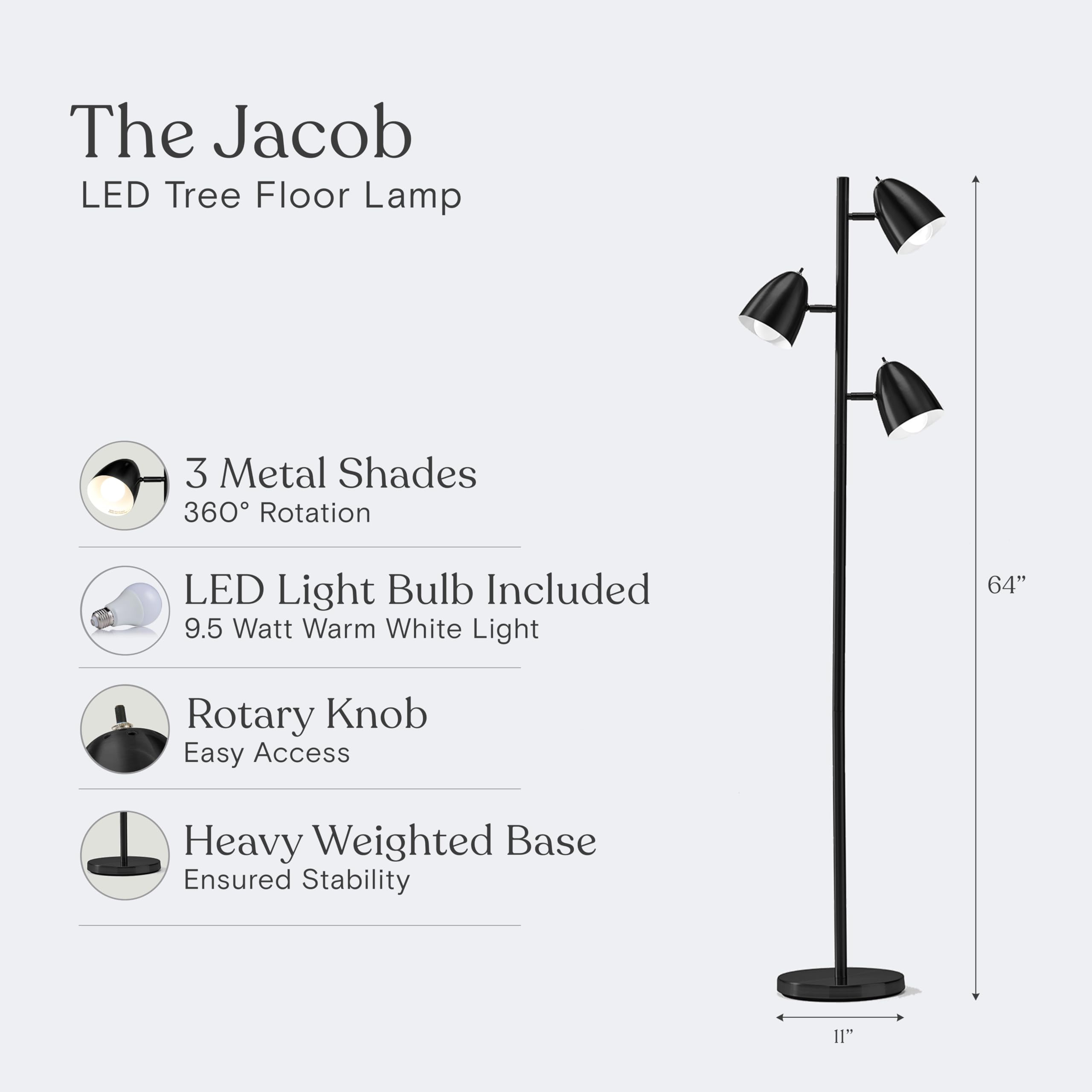 Brightech Jacob LED Standing Lamp - Modern Adjustable 3-Light Tree Floor Lamp for Living Room & Bedroom - Tall LED Lighting Fixture in Classic Black - Perfect for Reading, Working & Ambient Lighting