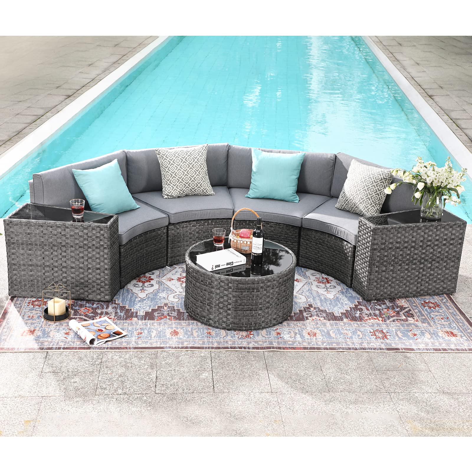 7-Piece Outdoor Patio Furniture Set - Half Moon Curved Sectional Sofa with Round Coffee Table, 4 Pillows & Waterproof Cover - Grey Rattan Wicker for Garden, Poolside & Backyard Relaxation