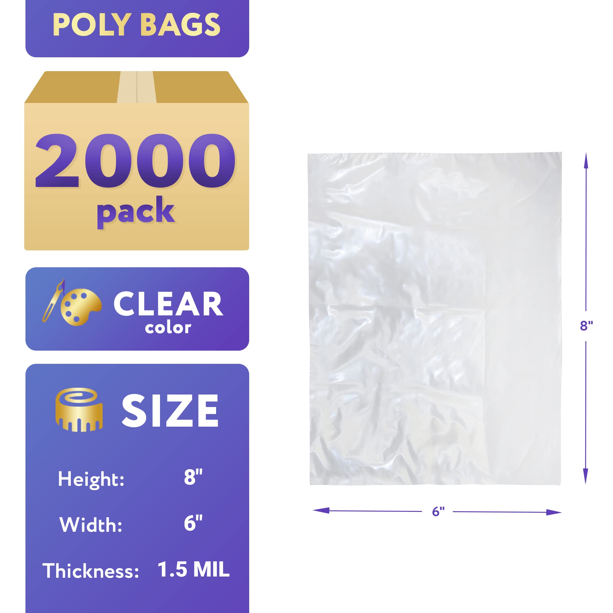 2000 Pack 6x8 Inches Clear LDPE Plastic Bags - 1.5 Mil Thick Polyethylene Bags with Chipboard Header for Food Service, Retail & Industrial Packaging | Bulk Storage, Shipping & Organization Supplies