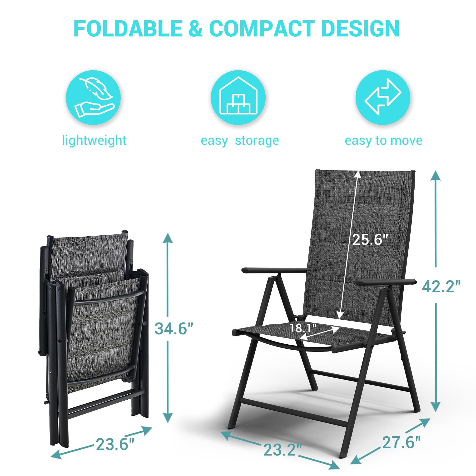 4-Pack UDPATIO Folding Patio Dining Chairs - All-Weather Textilene Padded Seats, Steel Frame & Adjustable Design - Perfect for Outdoor BBQs, Poolside Lounging & Backyard Gatherings (Dark Grey, No Assembly Required)