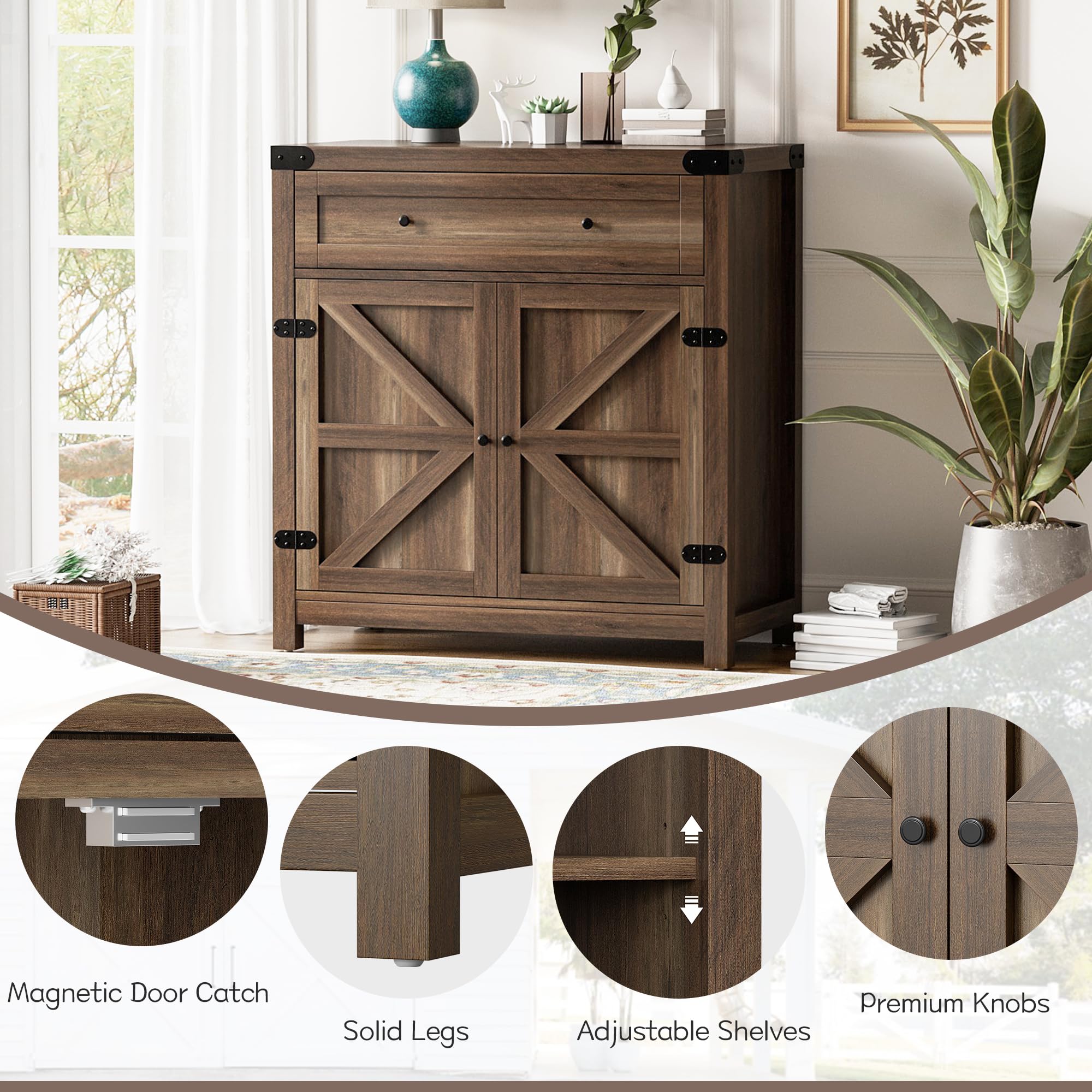 Flamaker Rustic Sideboard Buffet Cabinet with Storage - Farmhouse Coffee Bar Cabinet with 1 Drawer & 2 Barn Doors - Kitchen, Dining Room, Entryway Storage Solution - Perfect for Entertaining, Displaying Decor & Organizing Dishes (Brown)