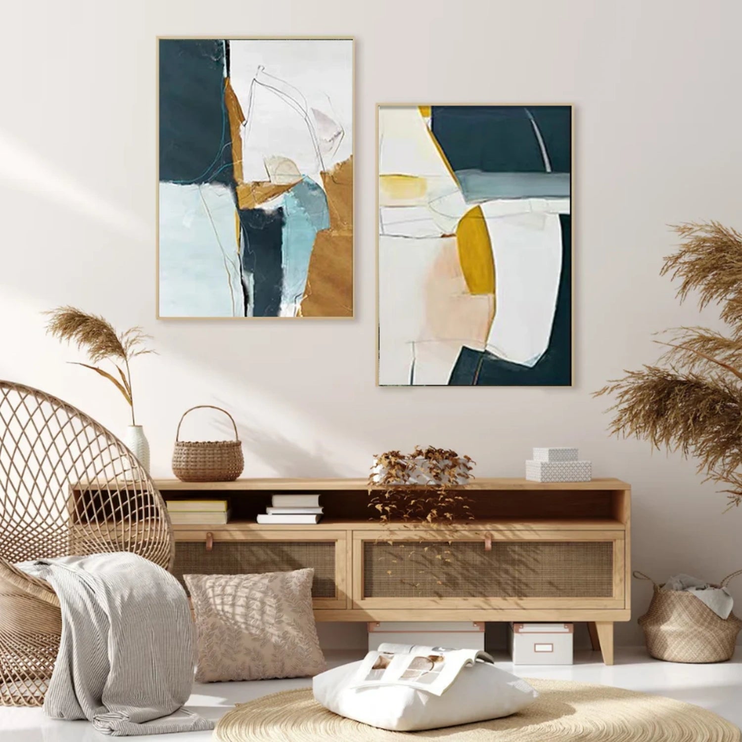 Abstract Wall Art Set of 2 - Modern Canvas Paintings for Living Room & Bedroom Decor - #AB 410 Home Office & Dining Room Wall Decorations