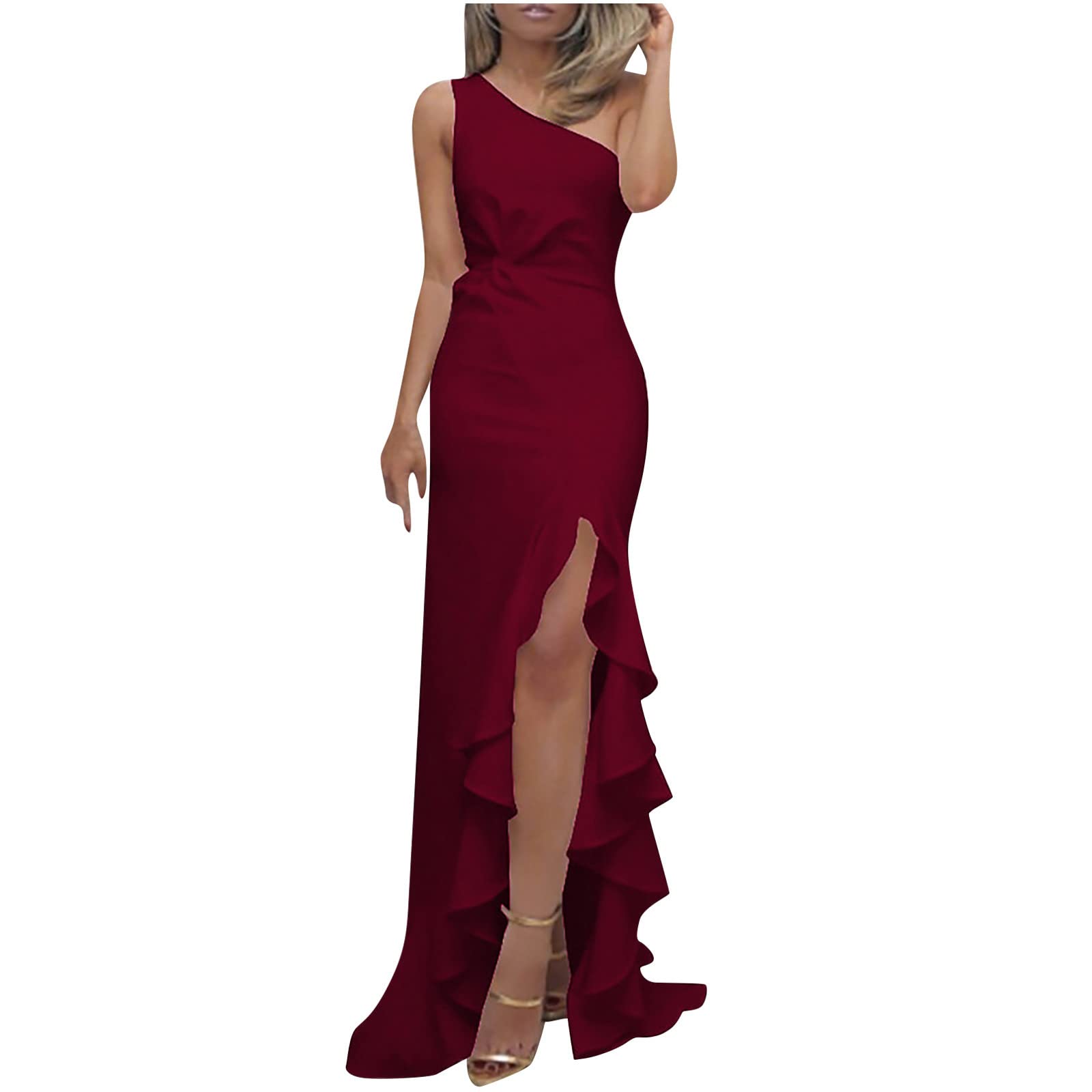 Elegant Off Shoulder Women's Formal Dress with Front Slit & Ruffle Detail - Sexy Slim Fit Maxi Dress for Wedding Guest, Evening Cocktail Party & Special Occasions