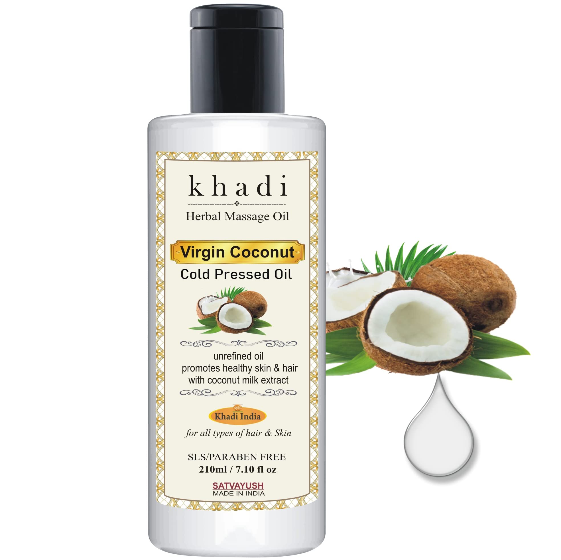Satvayush Khadi Cold Pressed Coconut Oil - 100% Pure Natural Oil for Skin, Hair Care & Baby Massage - 7.1 fl oz (210ml) - Organic, Unrefined, Chemical-Free - Perfect for Daily Moisturizing, Hair Growth & Relaxing Massage Therapy